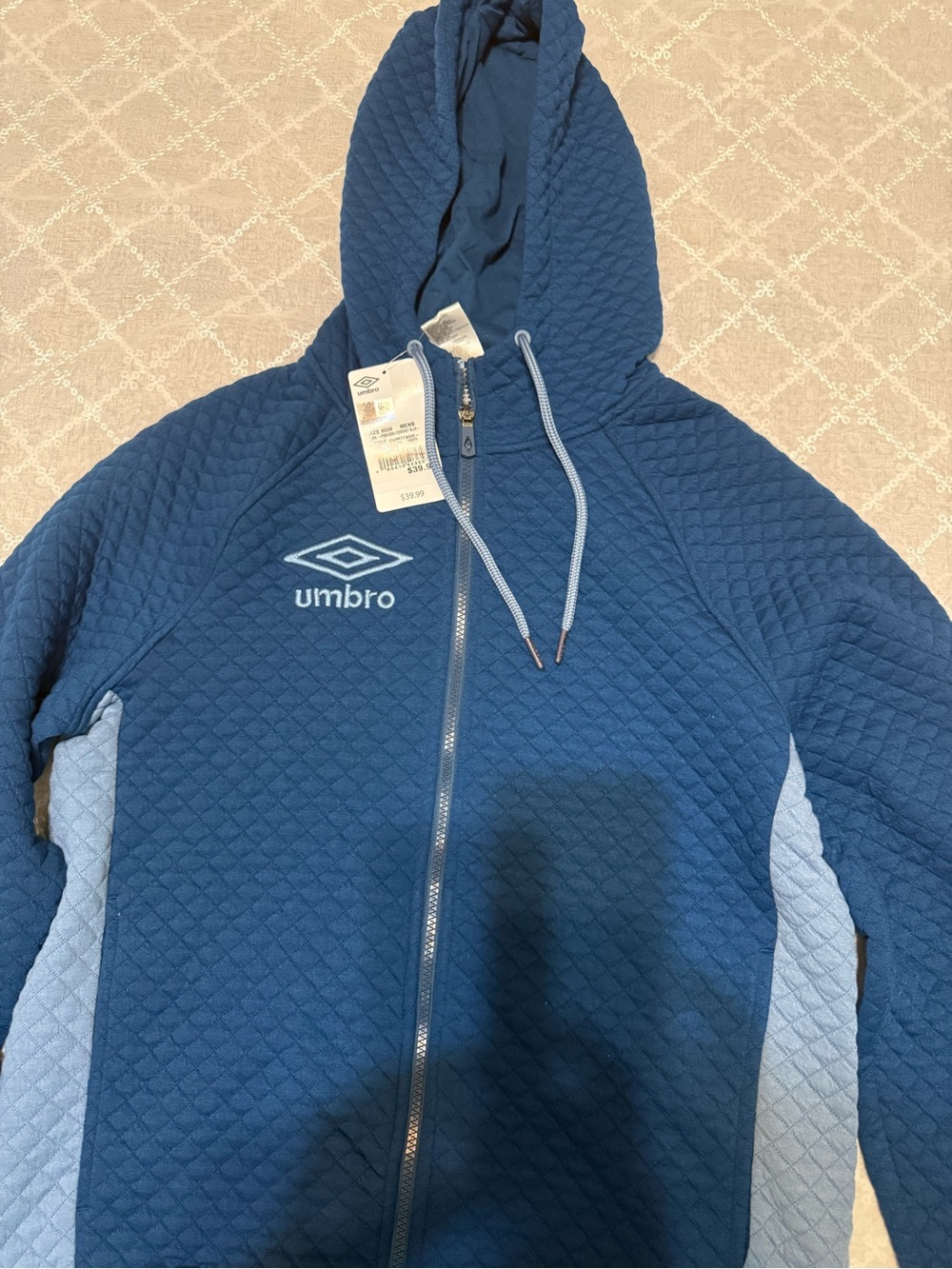 Umbro Quilted Navy Performance Zip-Up Hoodie with Light Blue Panels